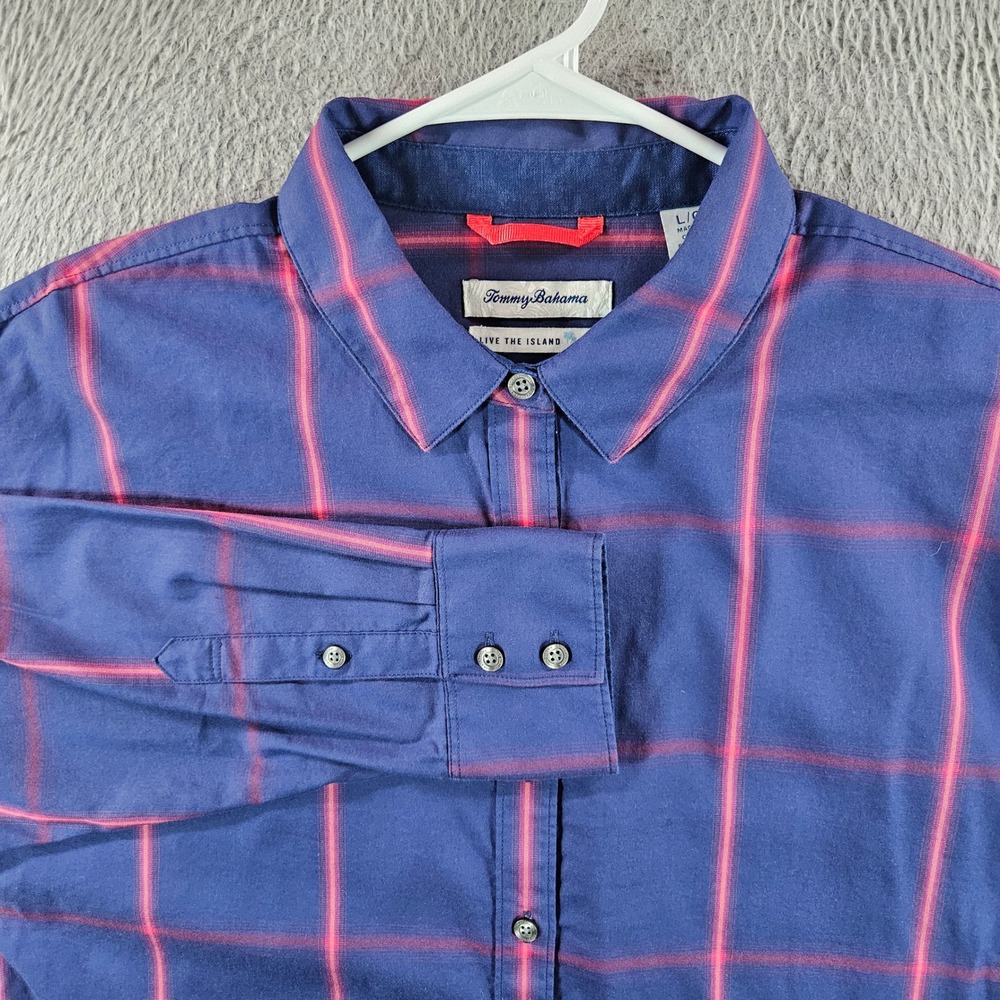 Tommy Bahama Mens Navy Blue Red Windowpane Plaid Button Front Shirt Large L
